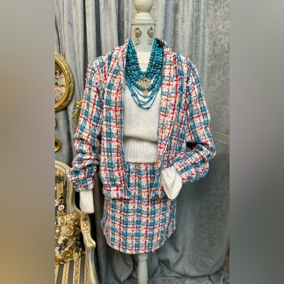 Plaid Tweed Skirt Suit Set With Sweater And Necklace - Picture 1 of 13